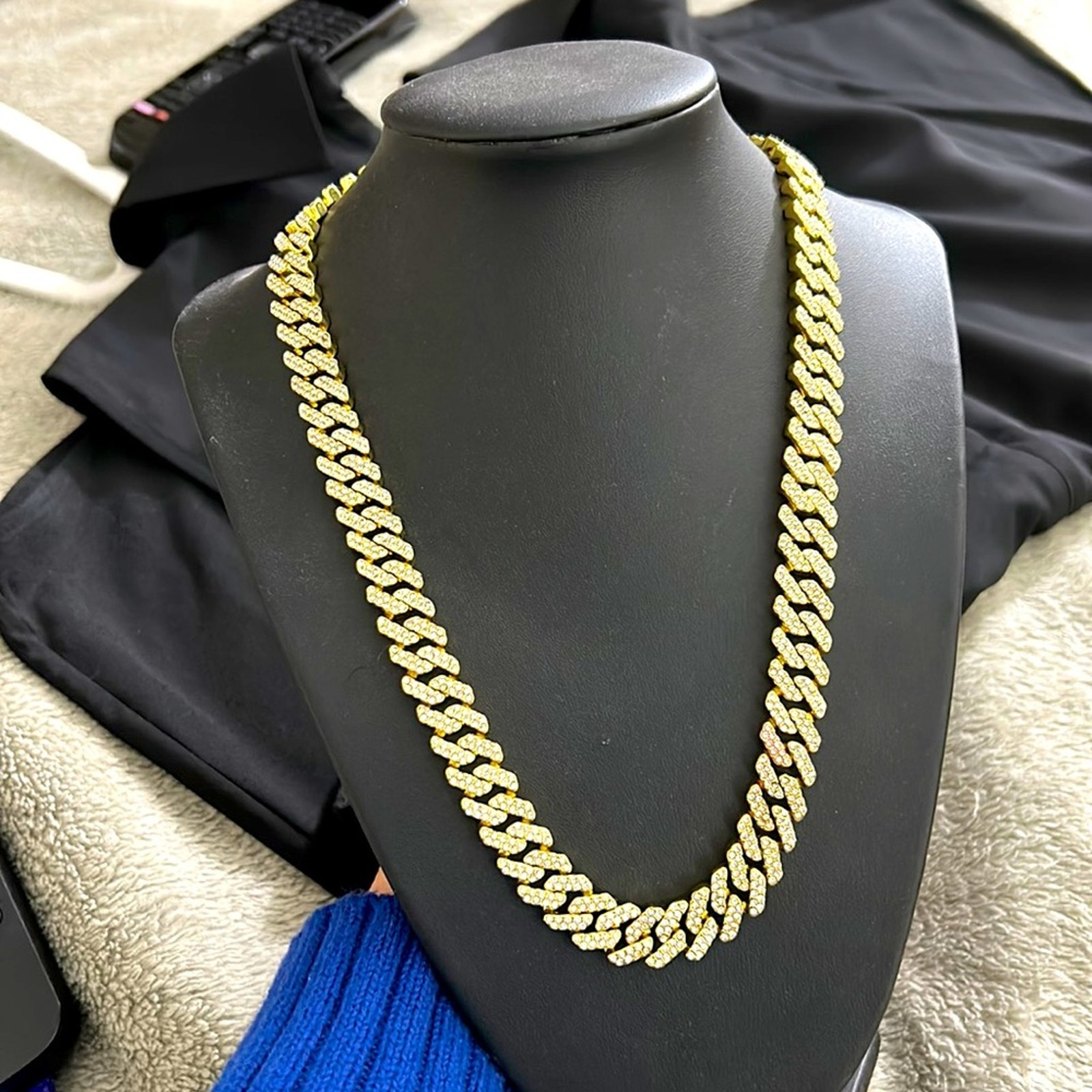 Men’s Gold Tone Chain Necklace 18” Thick Link W/ Stones Hip Hop